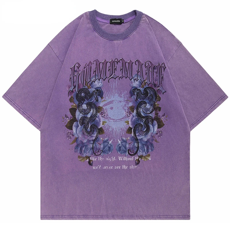 

Summer Men Washed Short Sleeve Tshirts Hip Hop Snake Skeleton Print Vintage T Shirts Streetwear Harajuku Casual Cotton Tops Tees