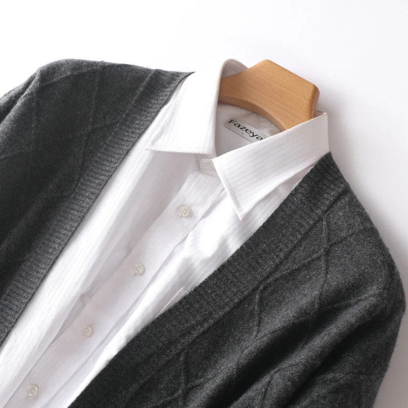 100%  Wool Cardigan Men's V-Neck Knitted Top Coat Autumn and Winter New Loose Cashmere Jacket Fashion Luxury