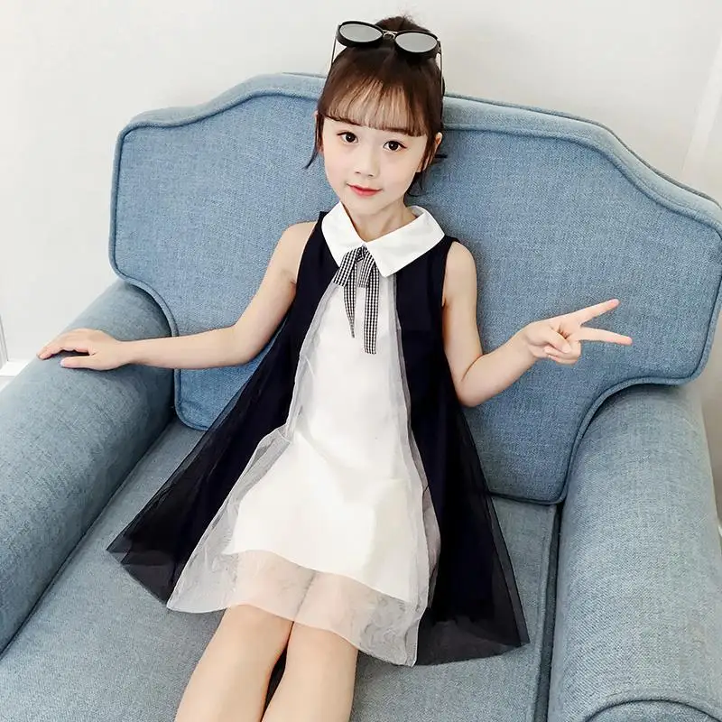 

Новинка лета 2022, Тюлевое платье для девушек, модная женская одежда от 7 до 12 лет, двухслойное платье с лацканами и панелями