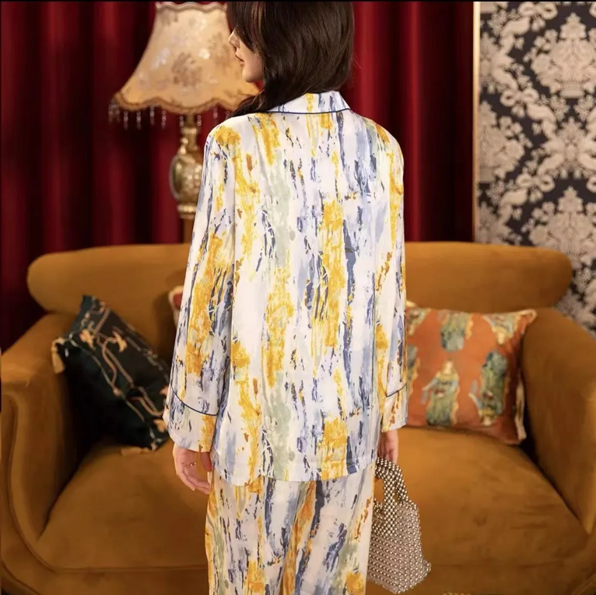 Fall Printed Pajamas Set Loungewear Sleepwear for Women 2 Pieces Long Sleeve with Pants Suit Silk Satin Female Pyjama Homewear