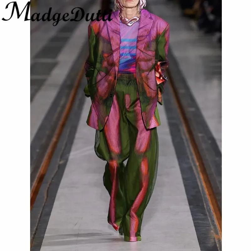 

12.13 MadeDutti Runway Temperament Mesh Spliced Gradient Striped Print Midi Blazer Or High Waist Straight Pants Set Women