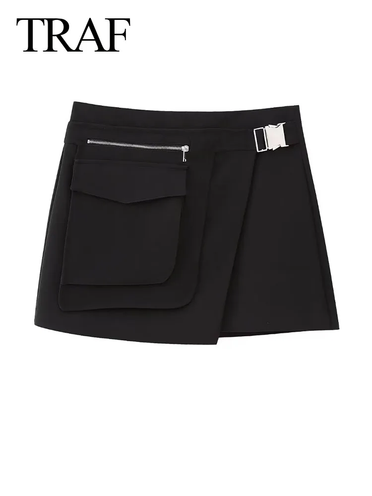 

TRAF Fashion Women's Elegant Causal A-Line Skirts Woman Casual Skirt Female Black Asymmetrical Zipper Pocket Decorate Slim Skirt