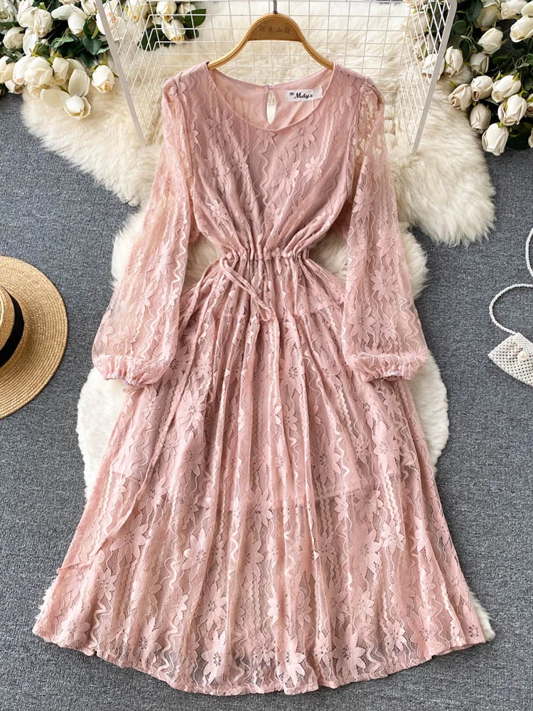 

YuooMuoo романтическое женское кружевное вязаное крючком вечернее платье 2022 весна осень элегантное платье с пышными рукавами тонкая талия дли...