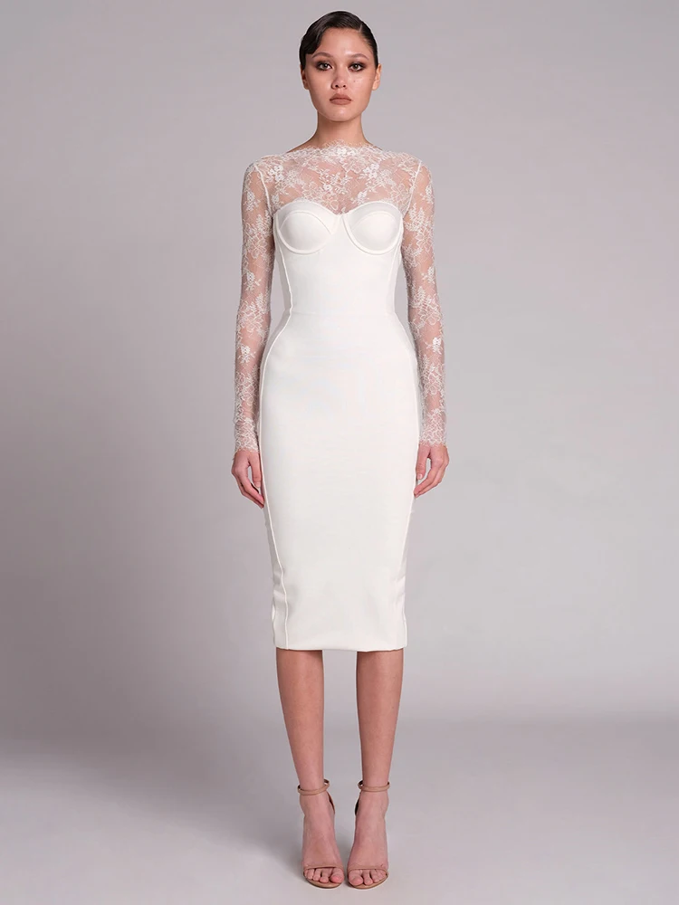 

Fashion Sexy Bodycon Backless Long Sleeve Lace Splice White Midi Bandage Dress Wedding Birthday Evening Cocktail Party Dresses
