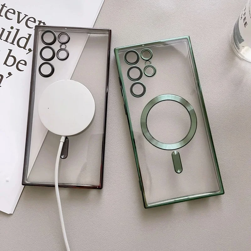 

Magnetic Samsung S23 22 21Ultra Wireless Charging Cover for Samsung Galaxy S22 S21 Plus Electroplating Magnetic Transparent Case