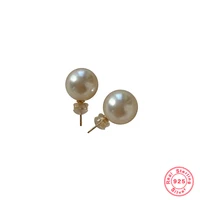 gold color 925 sterling silver gold plated retro high end stud earrings for women popular models large round light pearl jewelry