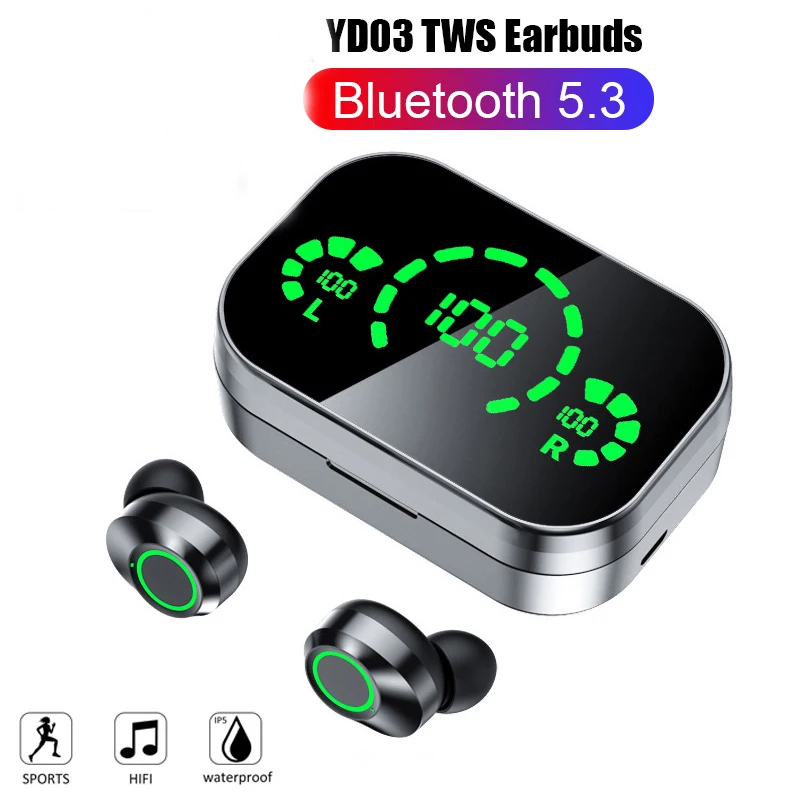 new YD03 TWS Wireless Bluetooth Headset with Mic Earbuds 3000Mah Charger Box LED Fone Bluetooth Earphones Wireless Headphones