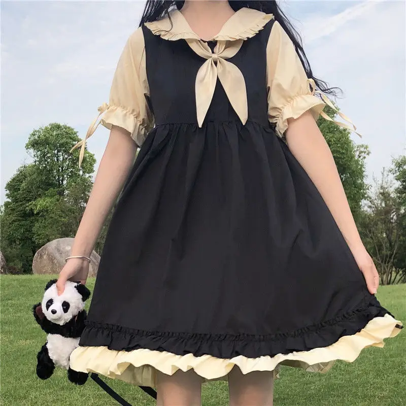 

Kawaii Lolita Dress Women Japanese Preppy Style Harajuku Dresses Short Sleeve Ruffles Patchwork Peter Pan Collar Robe