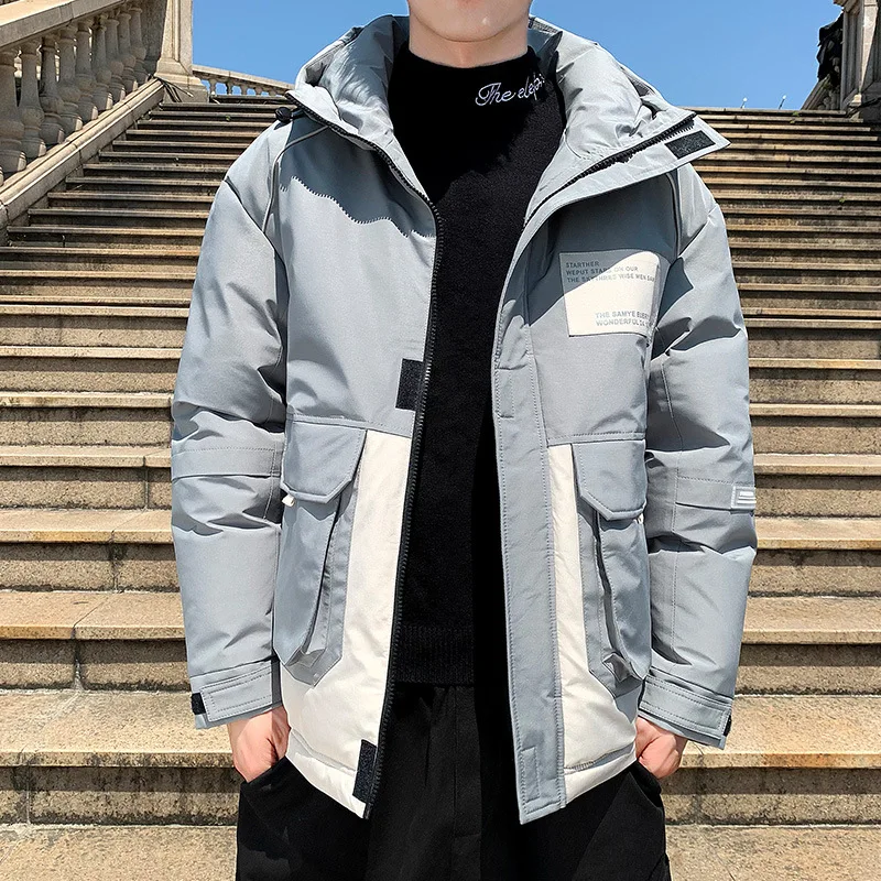 Men's Fashion Stitching Colorblock Hooded Jacket Tide Brand Thick Cotton Warm Jacket Winter Clothes Mens Jackets and Coats