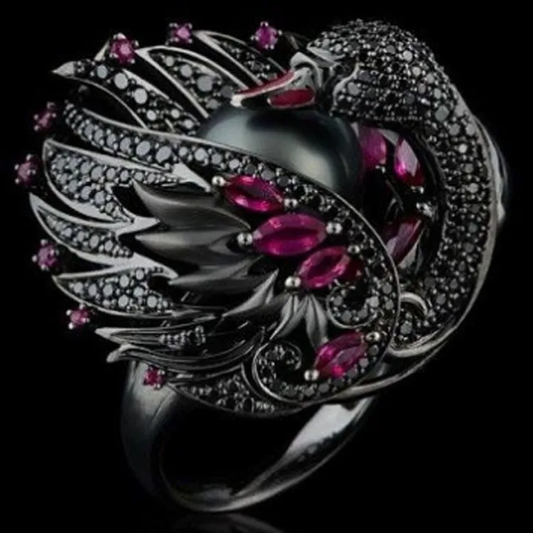 

Exquisite Shiny Luxury Vintage Ring White Swan Pearl Wedding Ring Engagement Rings For Women Girl Party Female Jewelry Bird Ring