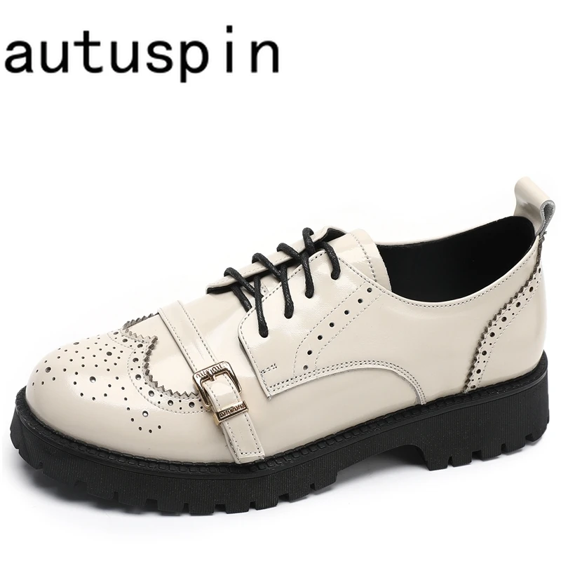 

AUTUSPIN 3.5cm Platform Women Pumps New Autumn British Style Belt Buckle Lace-Up Genuine Leather Plus Size Shoes Vintage Mature