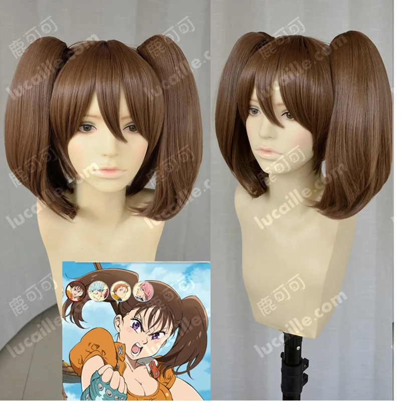 High Quality Anime The Seven Deadly Sins Diane Cosplay Wigs Short Brown Double Ponytails Cosplay Hair Wig + Wig Cap
