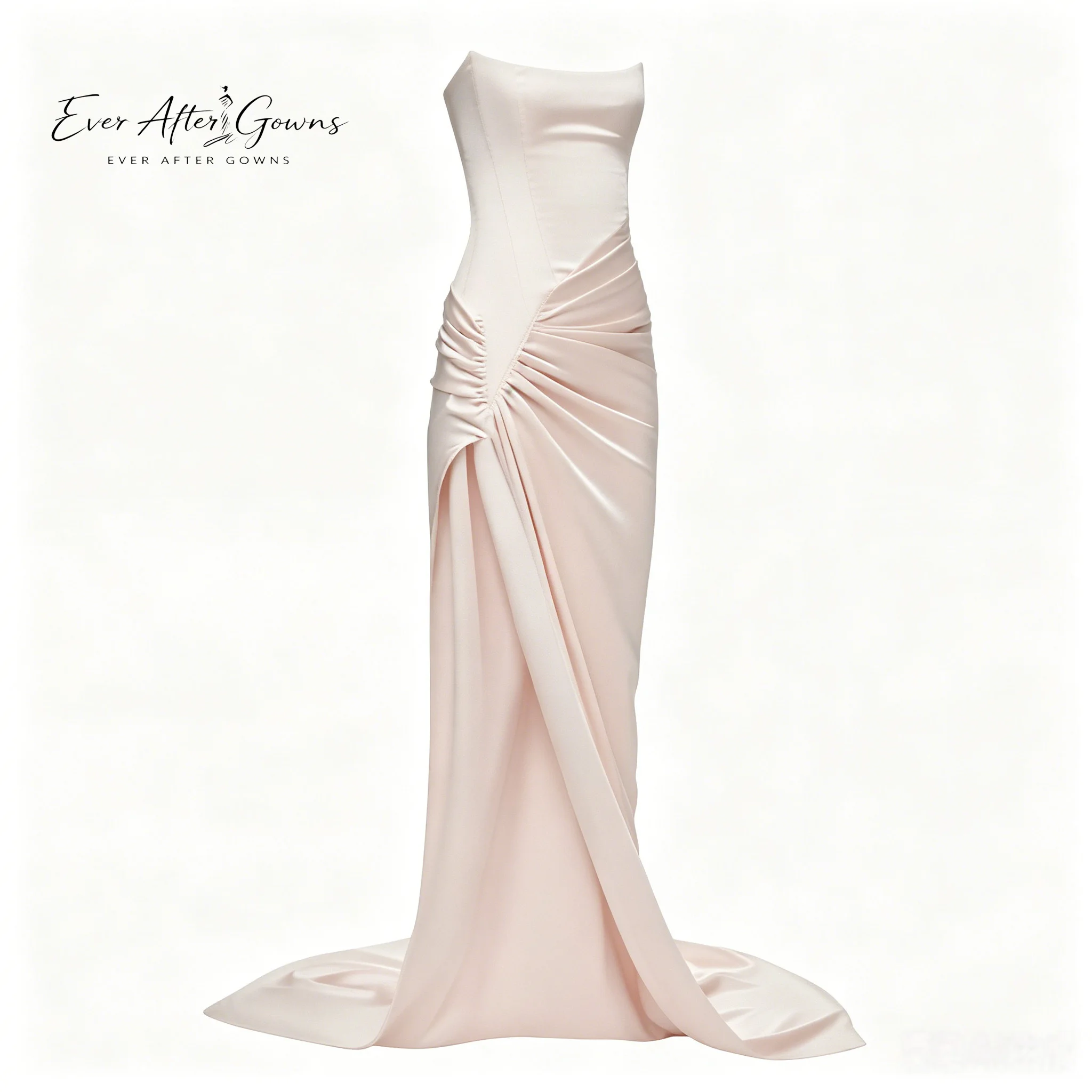 Вечернее платье Ever After Gowns цвета пыльной розы без бретелек из атласа - Макси-платье-русалка с драпировкой, высоким разрезом и шлейфом для гостей на свадьбу, Бри (art.: 3920daefa8396) - 3920daefa8396