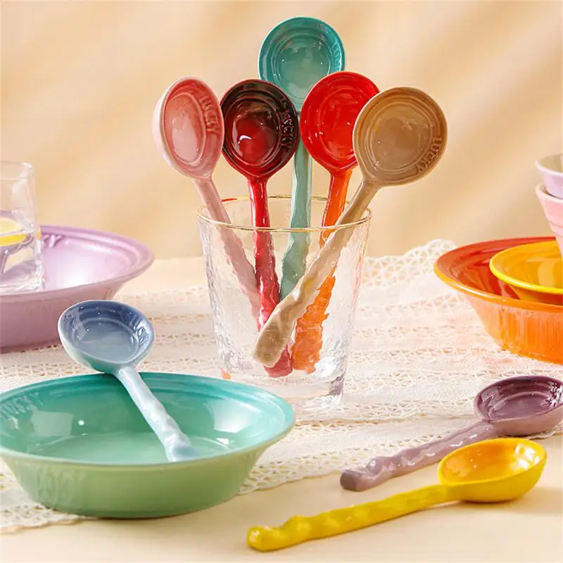 

Colorful Soup Rice Spoon Household Tableware Ceramic Long Handle Spoon Kitchen Accessories Dessert Spoon High Color Value