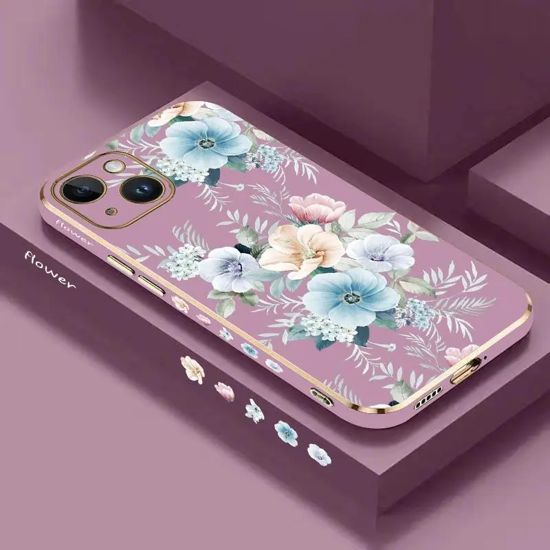 

Colored Jasmine Flowers Luxury Plating Phone Case For iPhone 14 13 12 11 Plus Pro Max Mini X XR XS SE2020 8 7 6 6S Plus Cover