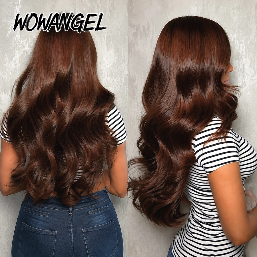 Фото WOWANGEL Коричневый парик из натуральных волос с эффектом Body Wave, 13x6 HD, с кружевной передней частью, предварительно снятая линия роста волос, осветленные узлы, невидимое кружево, цветной парик №3