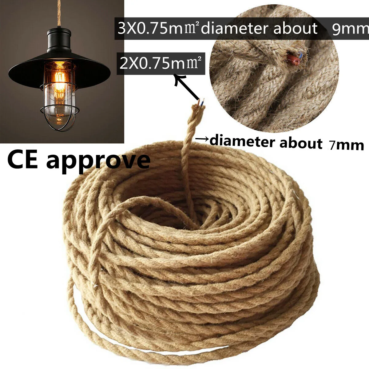 

18 Awg Copper Wire Hemp Rope Twisted Cable Braided Industrial Electrical Wire Pendant Lights Lamp Line Vintage Lamp Cord 1/5/10M