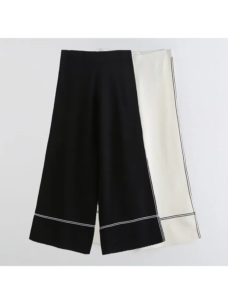 

Women 2022 New Fashion Contrast Embroidered Trim Knit Pants Vintage High Waist elastic waist Female Trousers Mujer