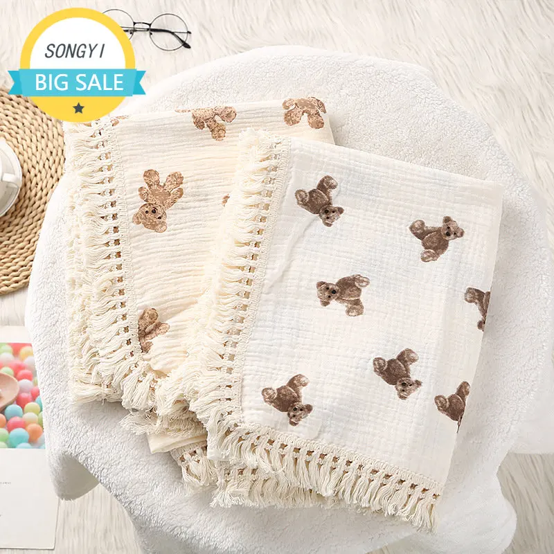 Newborn Baby Blanket Bear Print Tassel Organic Muslin Swaddle Fashion Soft Cotton Fringe Swaddle Wrap Blanket Bebe Accesorios