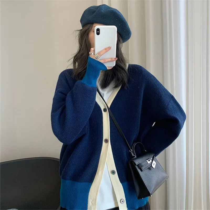 

Sweet V-Neck Single Breasted Cardigans Women Korean Fashion Patchwork Casual Commute Sweater Spring Autumn Loose Coats Warm Tops