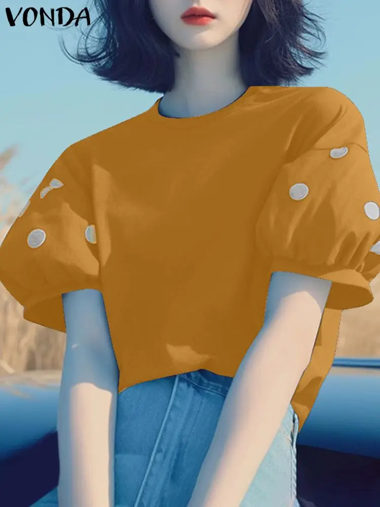 VONDA Женские летние топы с круглым вырезом и пышными рукавами Blusas 2024 рубашка в