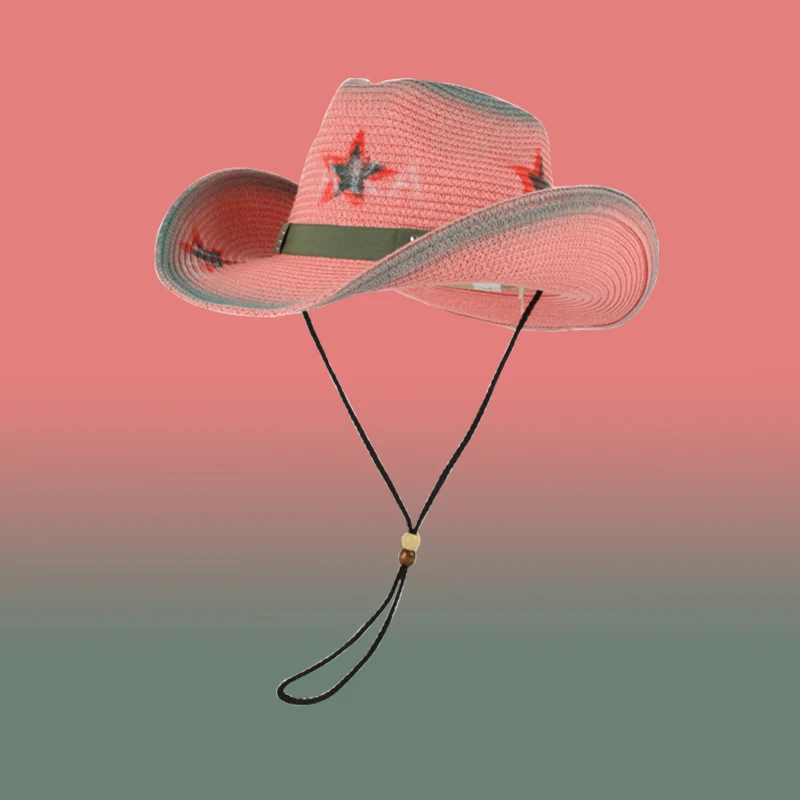 

Hot Start Print Cowboy Hat Pink Women With Chin Strap Sunhat Beach Pool Party Shapeable Jazz Straw Hat Cowgirl Fedoras Sombrero