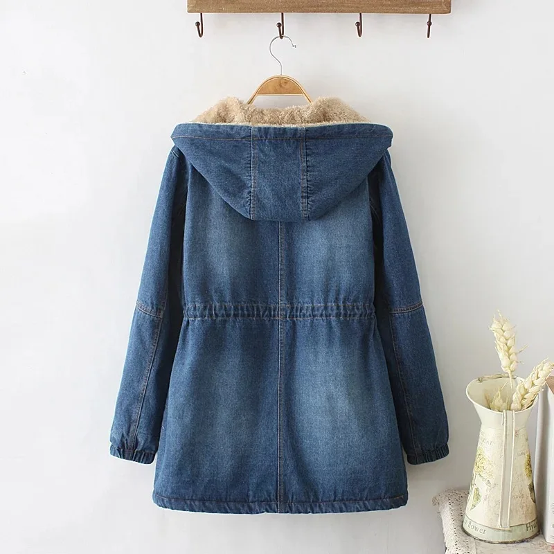 Hooded Drawstring Denim Mid Length Cotton Parkas Coat Winter Women Clothes New Fleece Thickened Denim Hooded Female Vintage Coat