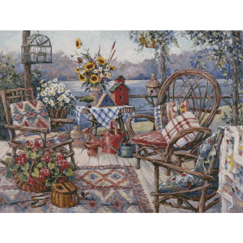 

Amishop Top Quality Beautiful Lovely Counted Cross Stitch Kit Chimera Veranda Balcony Landscape Bird's Nest Flower Basket 9178