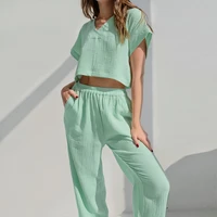2022 pajamas suit for women cotton double layer wrinkled solid short sleeved v neck top loose trousers lounge wear woman pjs