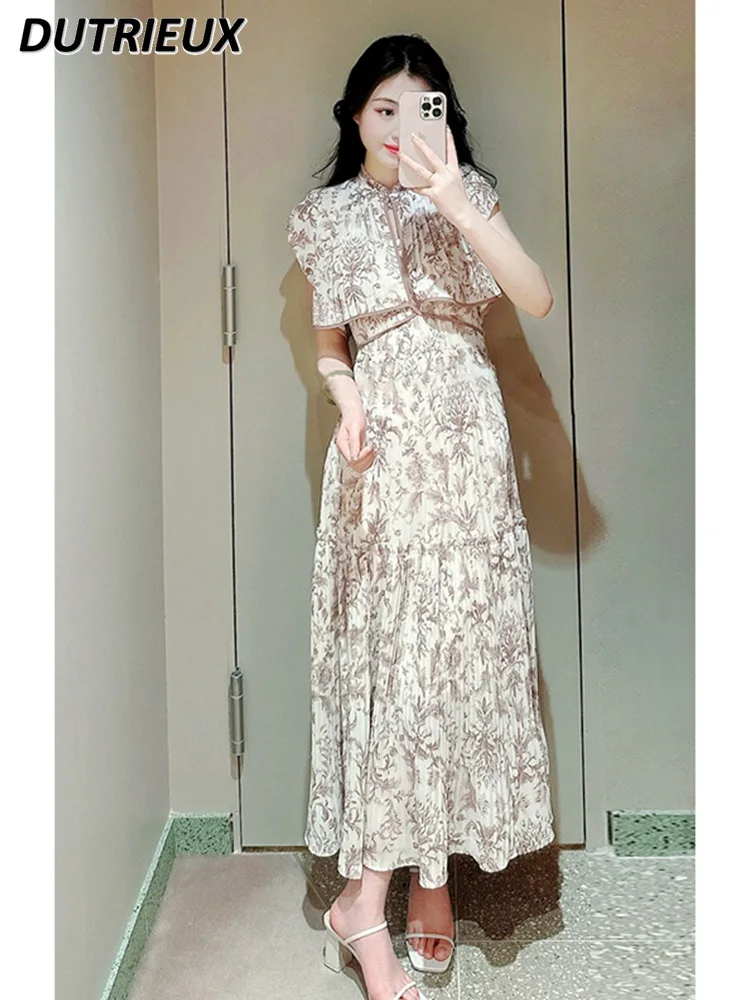 

Long Dresses for Women Summer New Printed Lady Elegant Dress Japanese Style Tied Flying Sleeve Fitted Waist Pleated Dress Femme