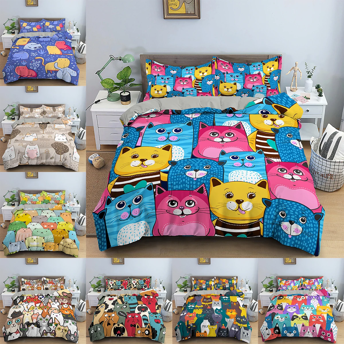 

Cartoon Cat Pattern Duvet Cover Sets Queen/King Size Quilt Cover With Pillowcase 2/3pcs Bedding Set For Child No Bed Sheet