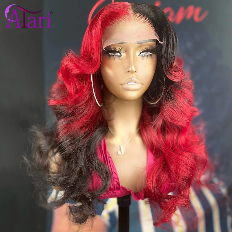Rose Rouge Root 13x4 13x6 Lace Frontal Wigs Red with Black Body Wave Human Hair Wigs Transparent 5x5 4X4 Lace Closure Wigs Atari