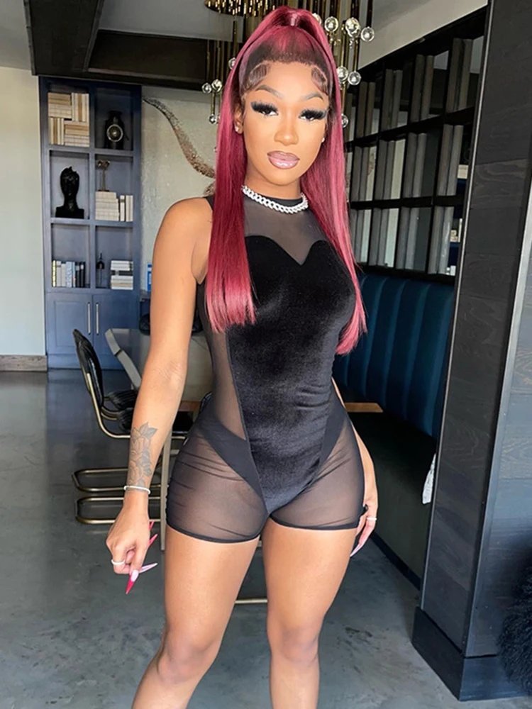 

Sibybo Velvet Sleeveless Sexy Rompers Playsuit Women Summer Mesh Bodycon Short Jumpsuits Femme Streetwear One Piece Outfits