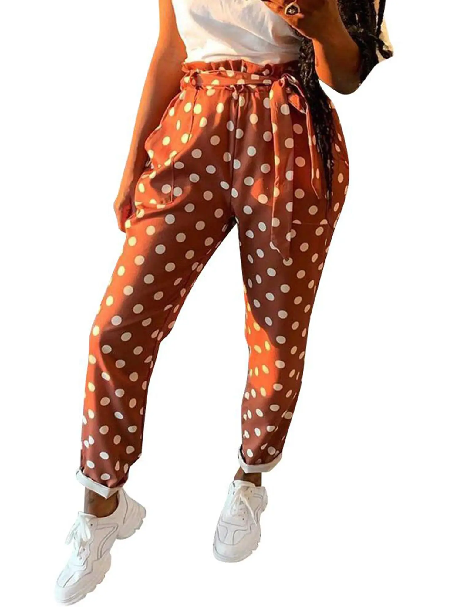 

Женские повседневные брюки в горошек с высокой талией, винтажные модные облегающие длинные брюки, женские прямые спортивные брюки, женская ...