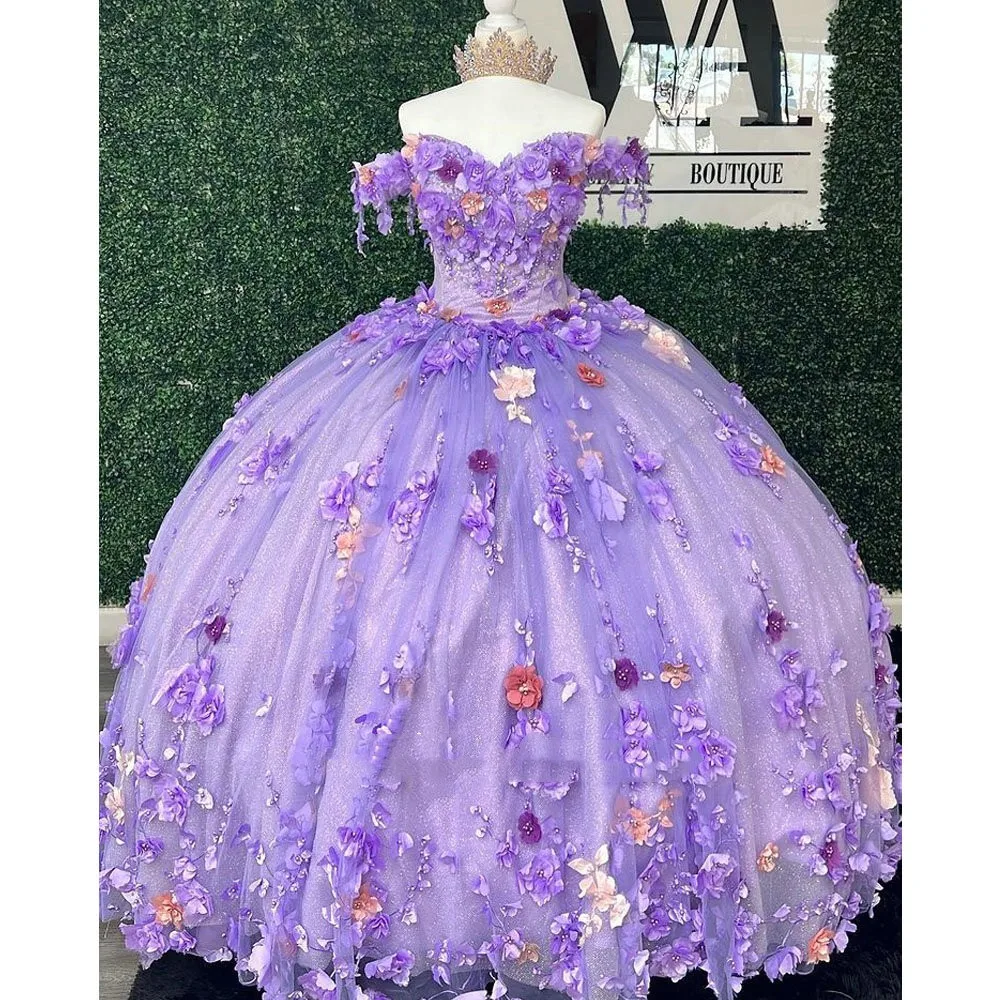

Lavender Puffy Quinceanera Dresses Ball Gown Off The Shoulder Tulle Appliques Pearls Mexican Sweet 16 Dresses 15 Anos