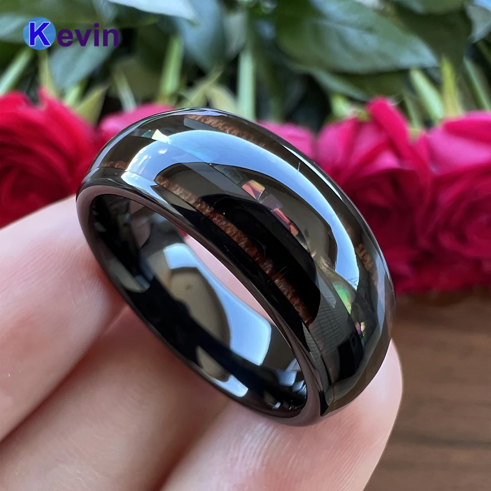 

Black Tungsten Ring Men Women Wedding Bands Abalone Shell and Koa Wood Inlay Domed Shape Polished Shiny Width 8MM Comfort Fit