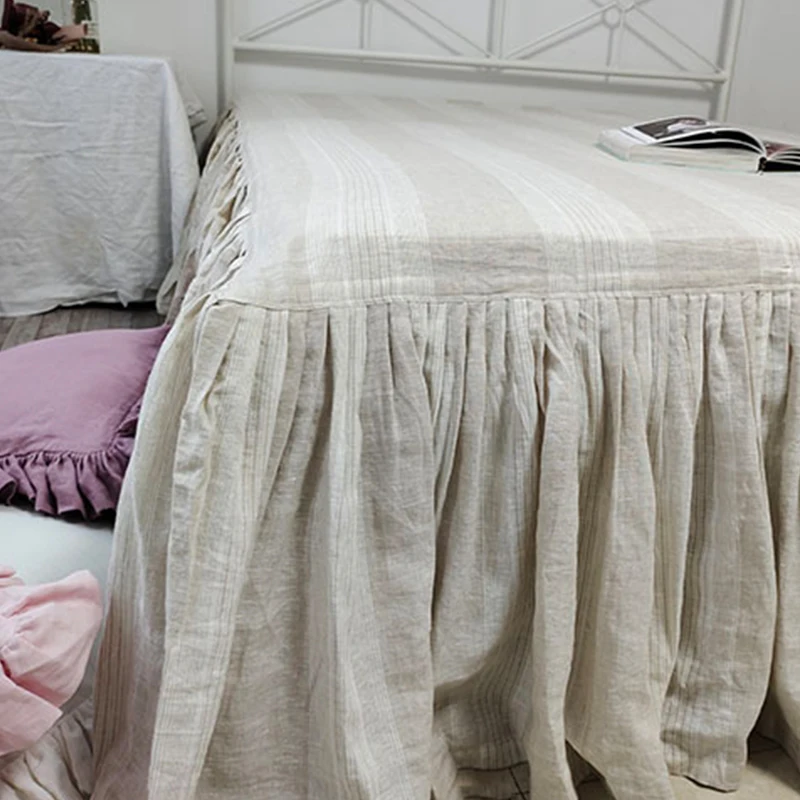 

Linen Ruffled Bed Skirt with Split Corners Platform Striped Dust Ruffle Gathered Bedskirt Wrinkle Free Bedding Home Decor TJ8201