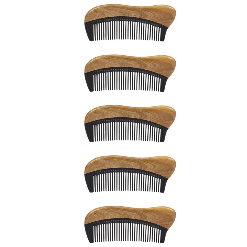 

5X Natural Green Sandalwood Hair Comb - No Static Wooden Fine Tooth Black Buffalo Horn Comb (Green Sandalwood)