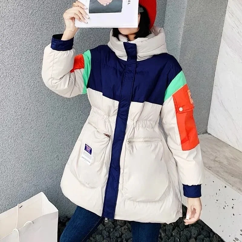 2022 Patchwork Color Thicken Down Jacket Women Winter White Duck Down Coat Big Pocket Hooded Parka Drawstring Loose Warm Coats
