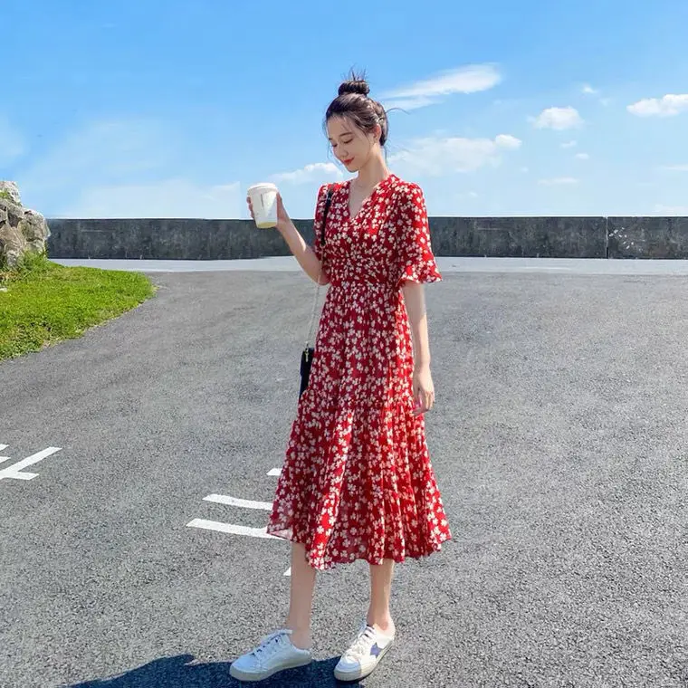 

Korean Print Vintage Chic French Long Bohemian Dress Party Casual Female High Dresses Sexy V-neck Boho Beach Clothing for Women