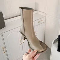 Thick Heel Short Boots Women's Big Head Milk Coffee Color 2022 Open Toe Cool Boots High Heel Metal Sheet  Retro Slim Boots