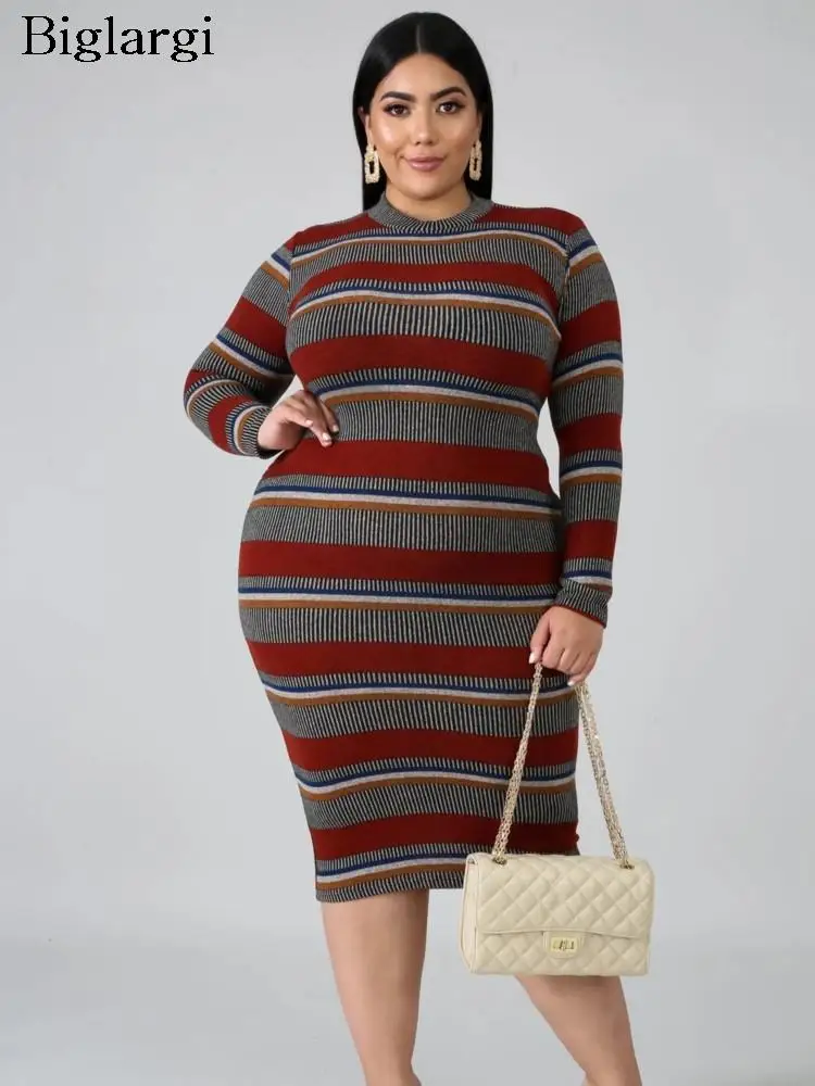 

Женское платье-пуловер в полоску, повседневное облегающее платье средней длины с длинным рукавом, модель 2023 большого размера на осень