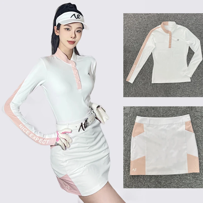 

Women's Golf Apparel Autumn and Winter Warm New Slim Fashion Long Sleeve Sports White Powder Color Contrast Skirt Suit