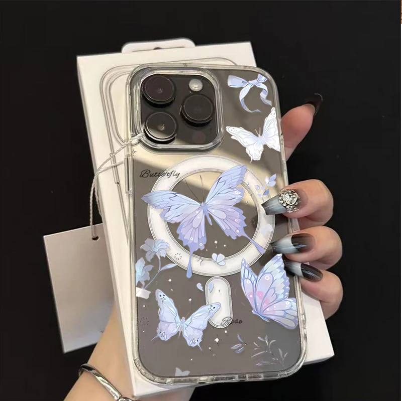 Фото Чехол для iPhone 17, Air 16E 16, 15, 14, 13 Pro Max Plus, мини-чехол с магнитной беспроводной зарядкой Magsafe Butterfly Y2K №4