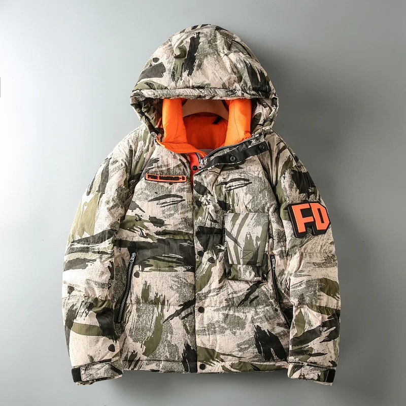 

Зимняя Мужская Утепленная камуфляжная пуховая куртка с капюшоном, пушистая теплая парка-карго, кашемировое пальто большого размера