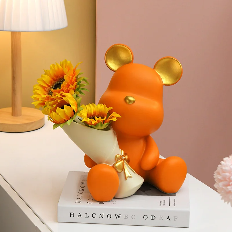 

Cute Resin Little Bear Holding Vase Figurines Home Decoration Accessories Nordic Modern Creative Vessels For Plants Gift