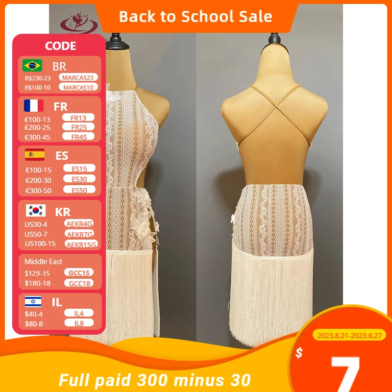 

Latin Dance Dress Striped Lace Belt Floral Fringe Dress Cha Cha Cha Tango Female Adult Standard Stage Professional Clothing