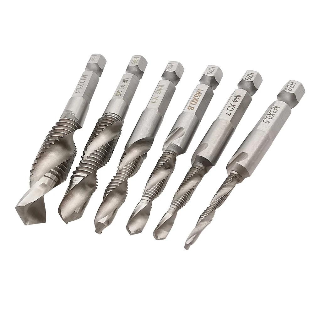 6Pcs Titanium Plated Drill Tap HSS Screw Thread Metric Hex Shank Tapping Bit Tool M3 M4 M5 M6 M8 M10 |