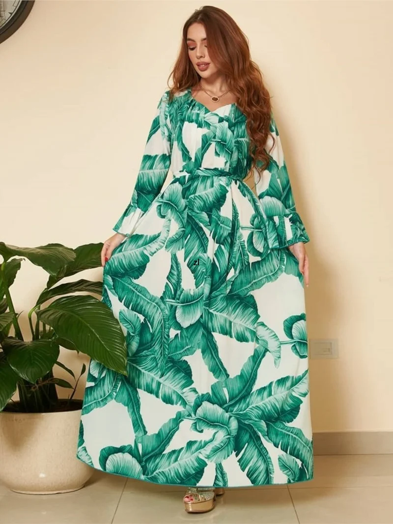

Abaya Muslim Maxi Dress Women Flare Sleeve High Waist Robes Summer New Fashion Print Elegant Chic Long Muslim Party Dresses Gown