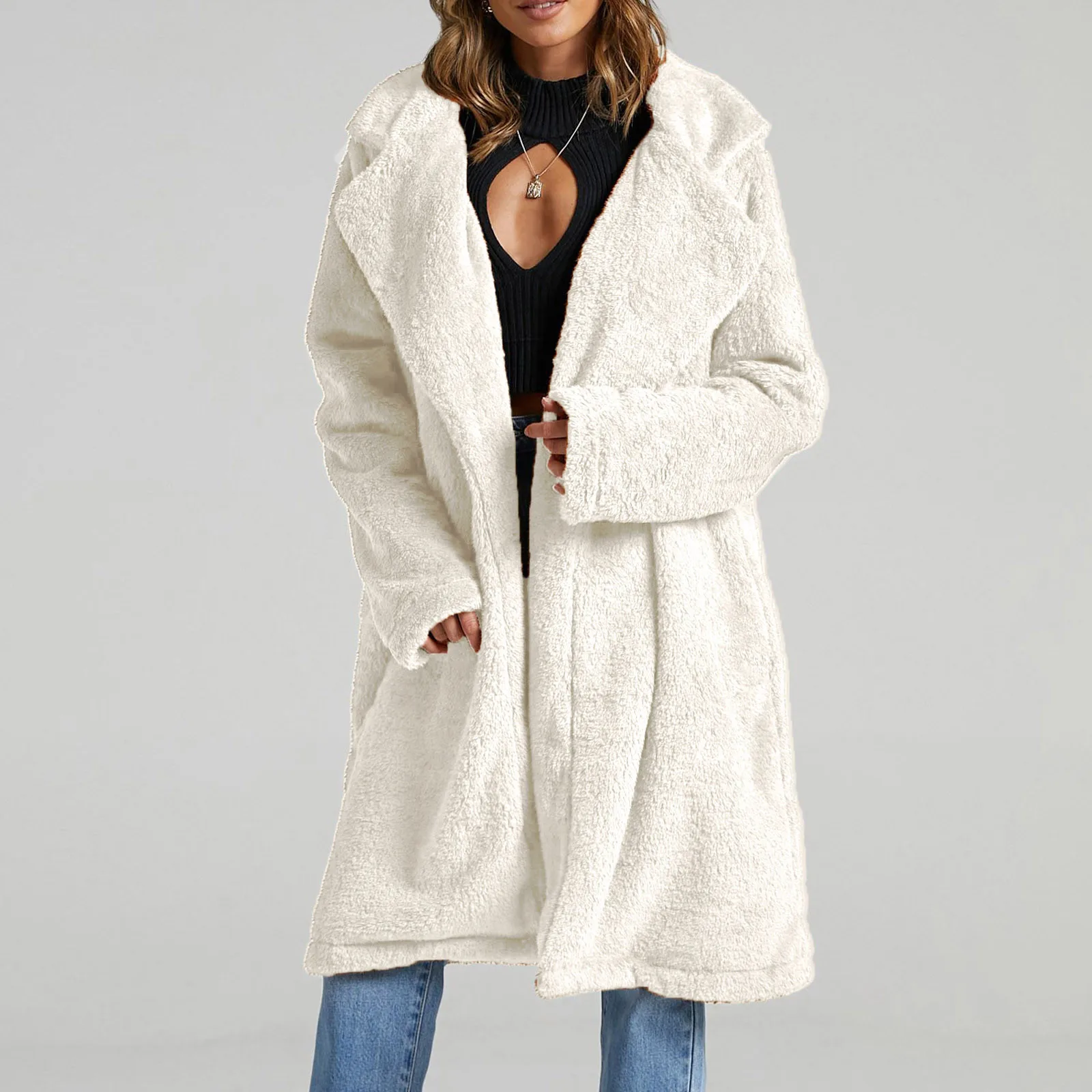 

Women's Winter Fleece Long Coat Casual Warm Solid Slim Lapel Jacket Long Sleeve Thicken Cardigan